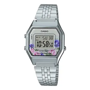 Casio Womens Vintage Floral Gray Dial Silver Band Chronograph Digital Watch - LA680WA-4CDF