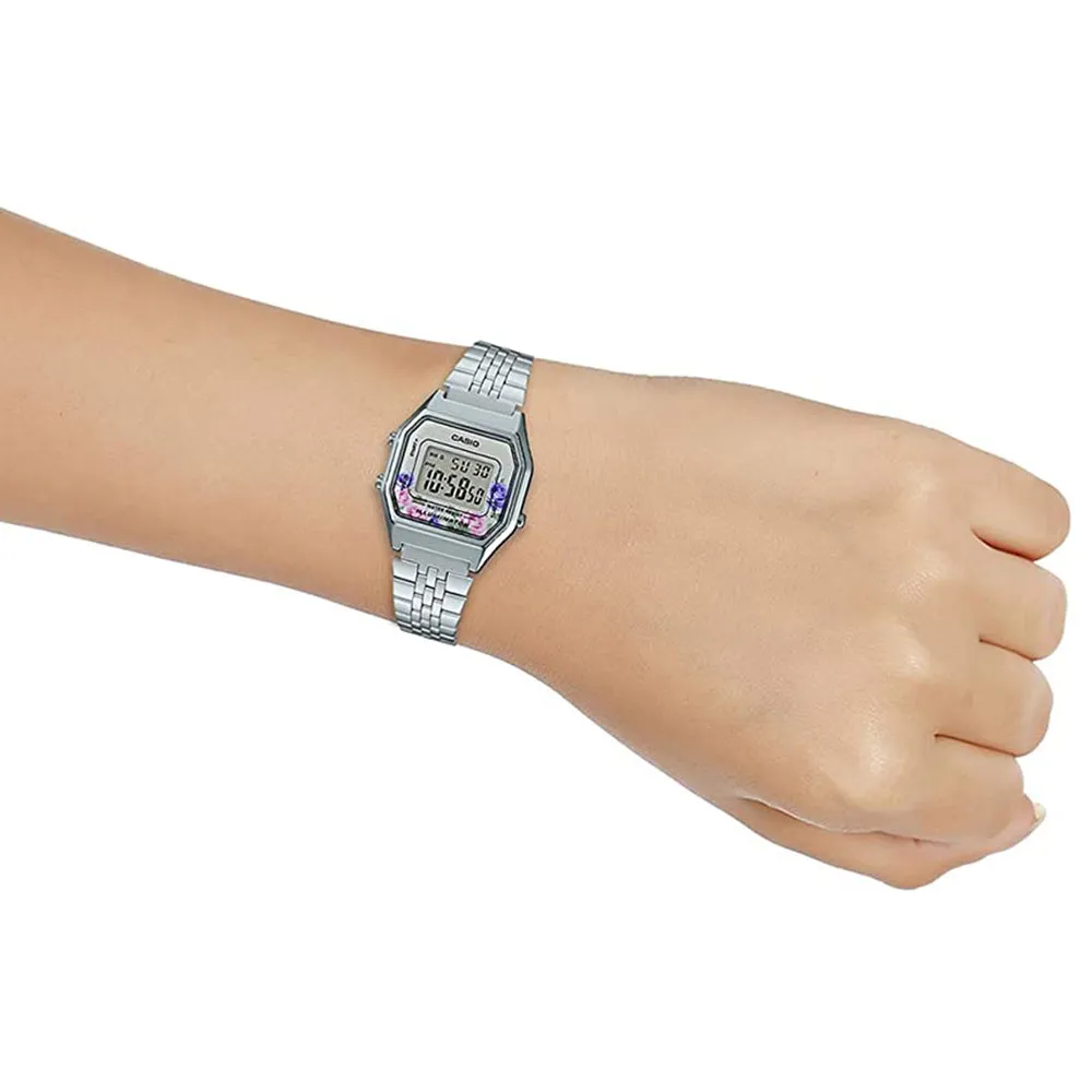 Casio Womens Vintage Floral Gray Dial Silver Band Chronograph Digital Watch - LA680WA-4CDF
