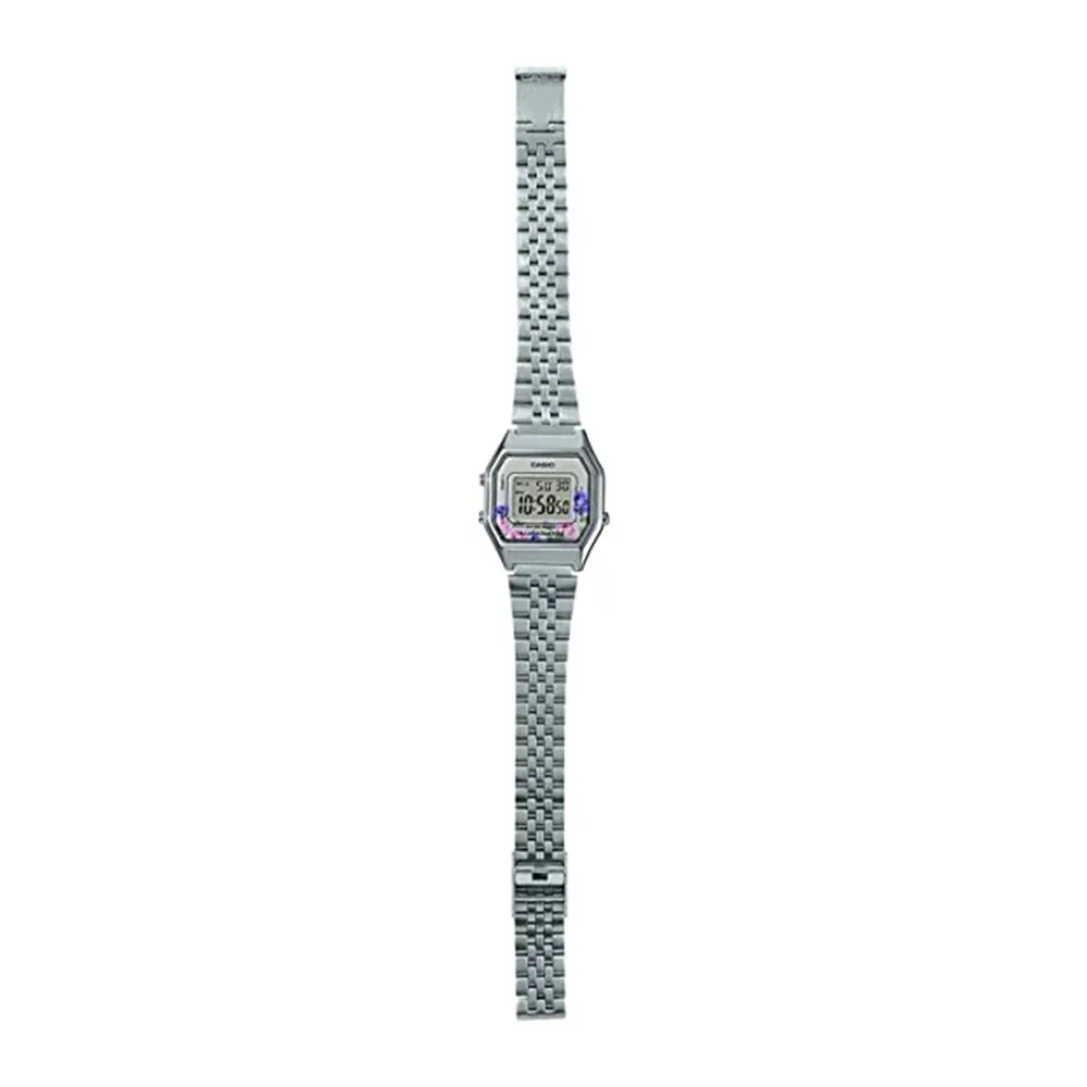 Casio Womens Vintage Floral Gray Dial Silver Band Chronograph Digital Watch - LA680WA-4CDF