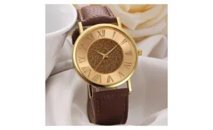 Casual Women Fashion Brown PU Leather Analog Glitter Dial Clock Wristwatch