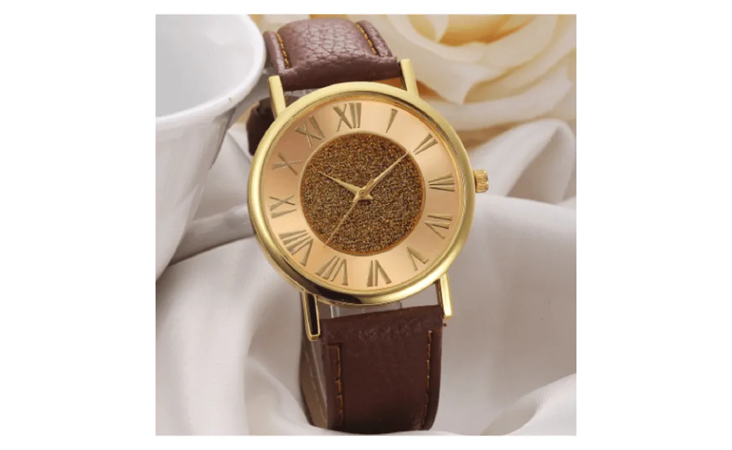 Casual Women Fashion Brown PU Leather Analog Glitter Dial Clock Wristwatch