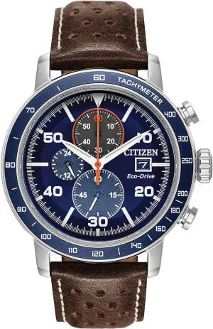 Citizen Men's Eco-Drive Weekender Brycen Chronograph Watch in Stainless Steel, Brown Leather strap, Blue Dial (Model: CA0648-09L)