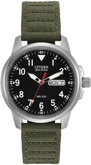 Citizen Men's Eco-Drive Weekender Garrison Field Watch in Stainless Steel with Olive Nylon Strap, Black Dial (Model: BM8180-03E)