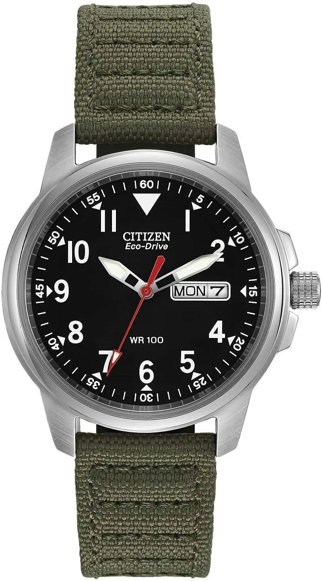 Citizen Men's Eco-Drive Weekender Garrison Field Watch in Stainless Steel with Olive Nylon Strap, Black Dial (Model: BM8180-03E)