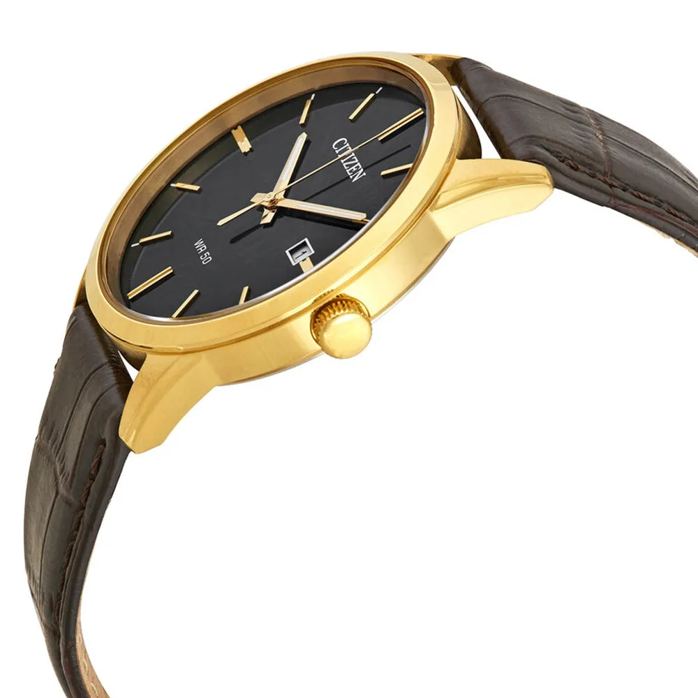 Citizen Quartz Mens Gold Stainless Steel Case Brown Leather Band Black Dial Round Watch - BI5002-06E