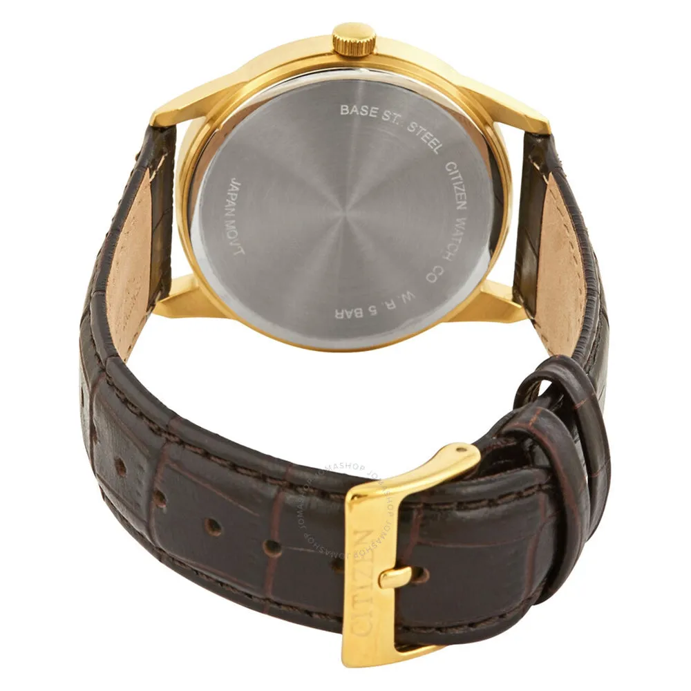 Citizen Quartz Mens Gold Stainless Steel Case Brown Leather Band Black Dial Round Watch - BI5002-06E