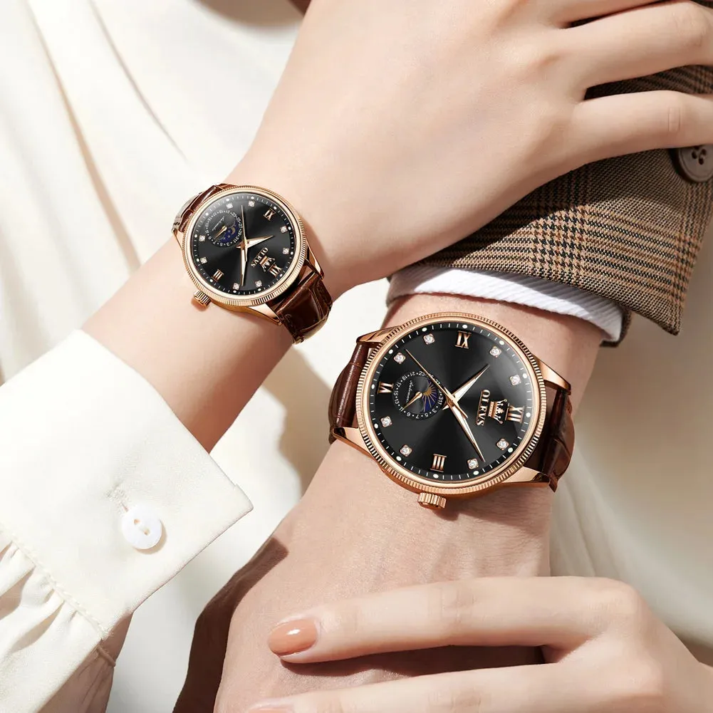Couple Watches Set - Automatic Moon Phase Waterproof Wristwatches for Him and Her