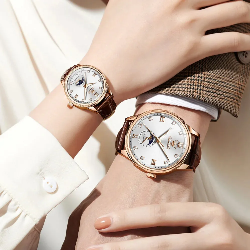 Couple Watches Set - Automatic Moon Phase Waterproof Wristwatches for Him and Her