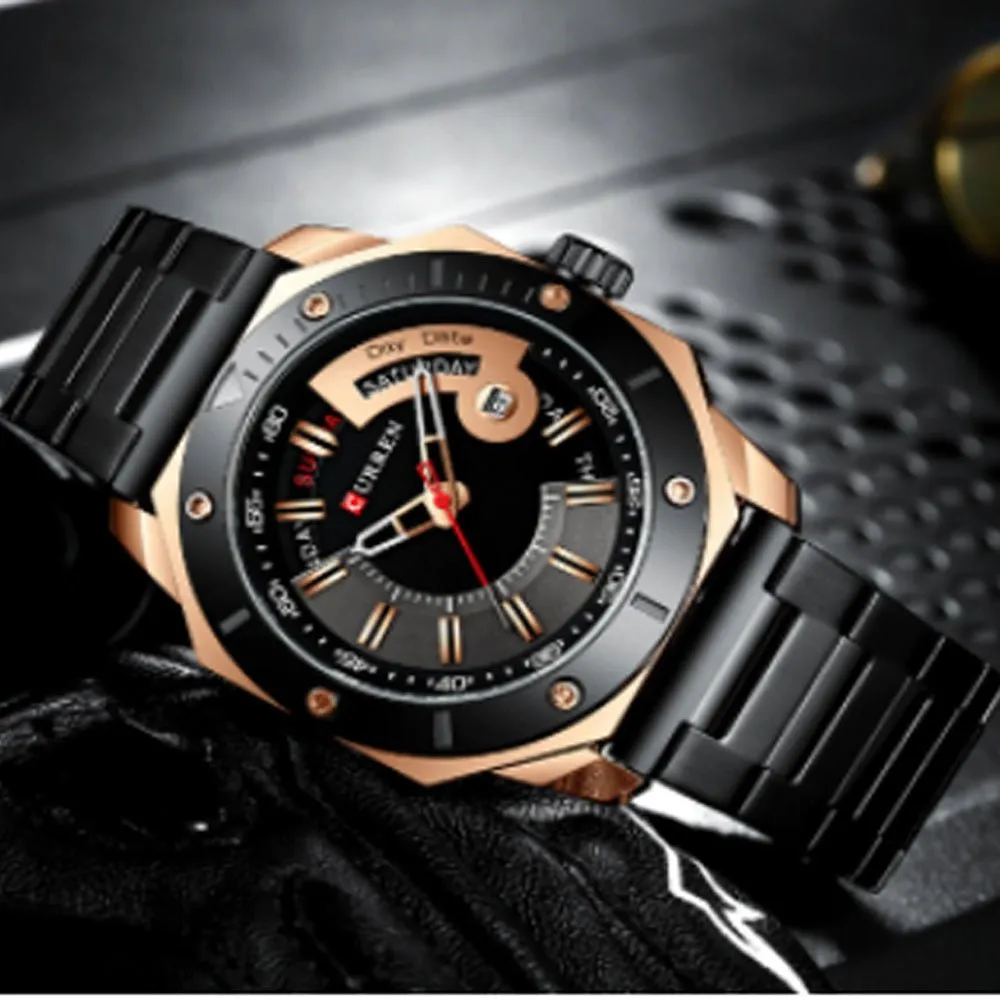 Curren- Luxury Brand Date & Day Quartz Dial Stainless Steel Waterproof Wristwatch For Men- 8344- Black Rose