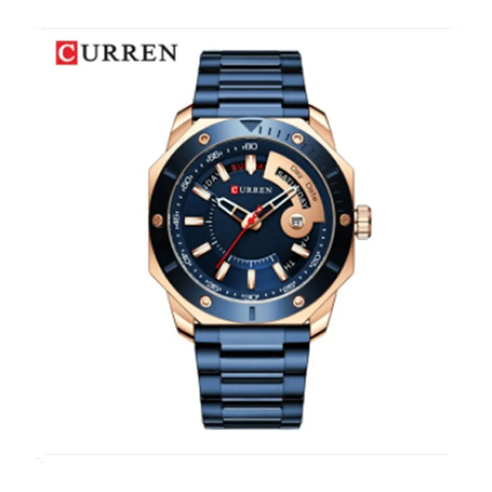 Curren- Luxury Brand Date & Day Quartz Dial Stainless Steel Waterproof Wristwatch For Men- 8344- Blue Rose