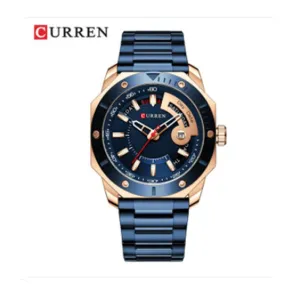 Curren- Luxury Brand Date & Day Quartz Dial Stainless Steel Waterproof Wristwatch For Men- 8344- Blue Rose