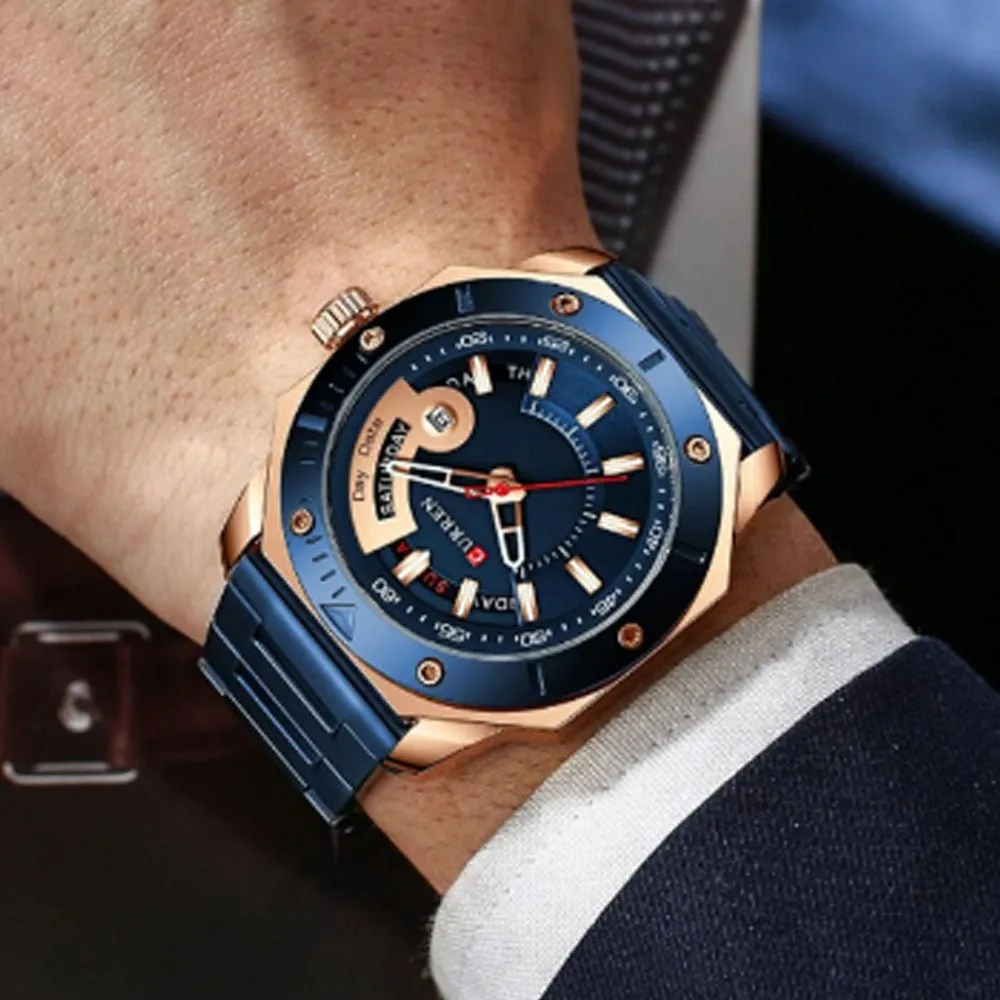 Curren- Luxury Brand Date & Day Quartz Dial Stainless Steel Waterproof Wristwatch For Men- 8344- Blue Rose