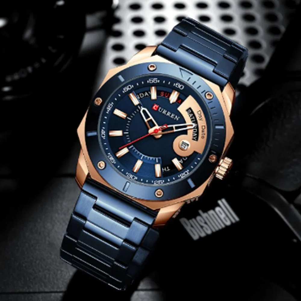 Curren- Luxury Brand Date & Day Quartz Dial Stainless Steel Waterproof Wristwatch For Men- 8344- Blue Rose