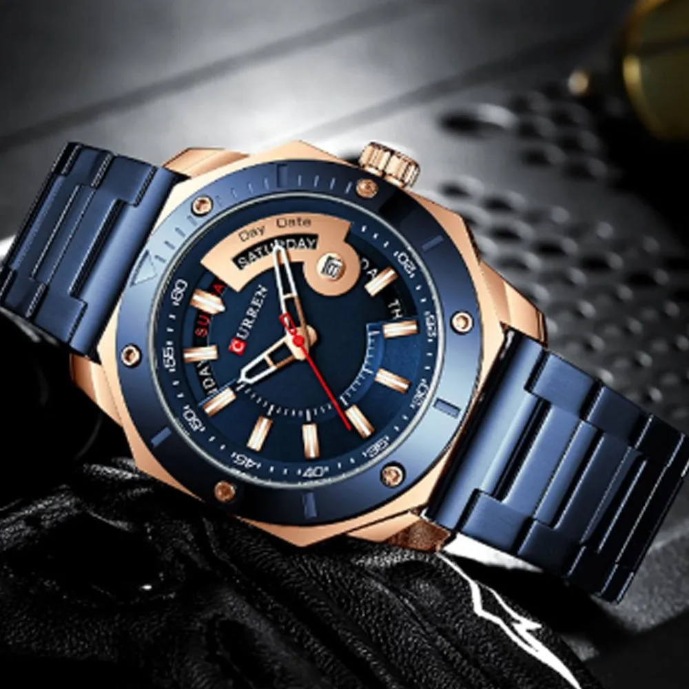 Curren- Luxury Brand Date & Day Quartz Dial Stainless Steel Waterproof Wristwatch For Men- 8344- Blue Rose