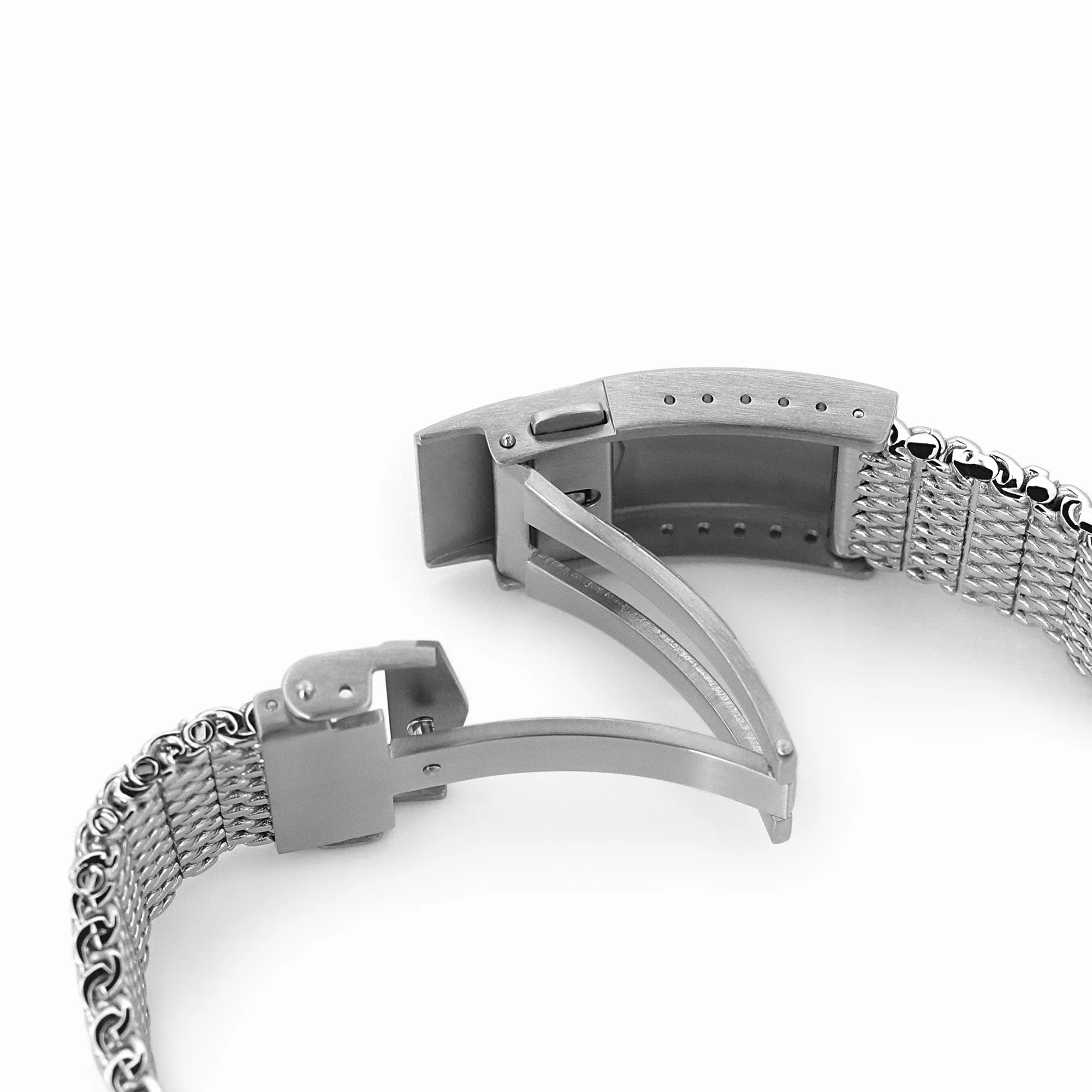 Curved End Massy Mesh Watch Band compatible with Seiko SKX007, V-Clasp, Polished