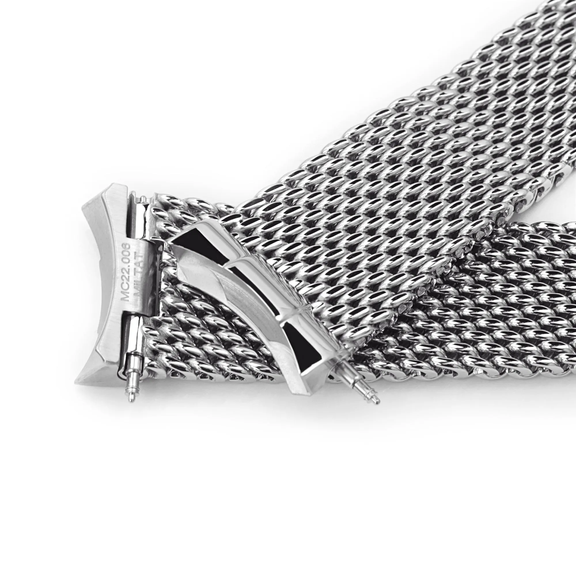 Curved End Massy Mesh Watch Band compatible with Seiko SKX007, V-Clasp, Polished