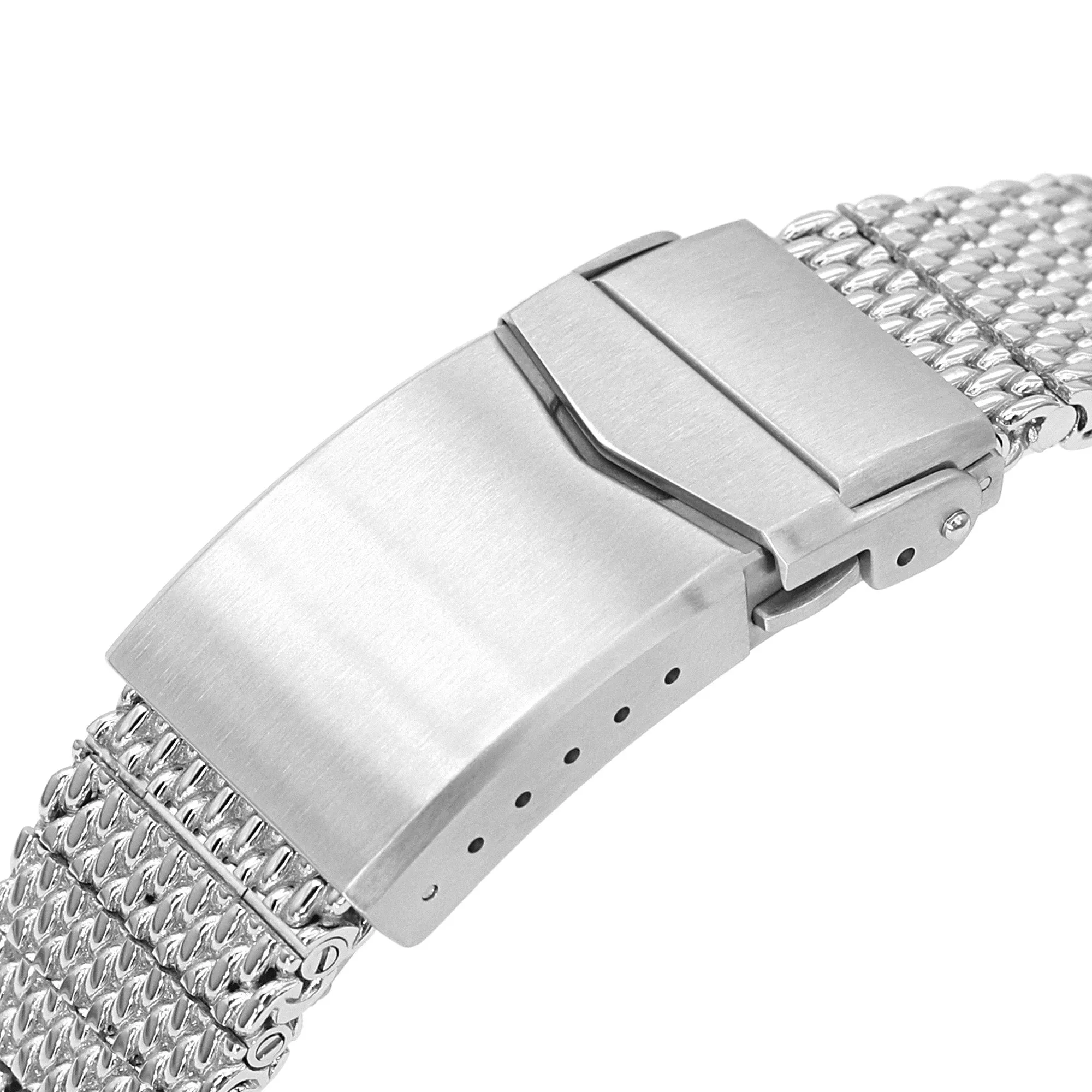 Curved End Massy Mesh Watch Band compatible with Seiko SKX007, V-Clasp, Polished