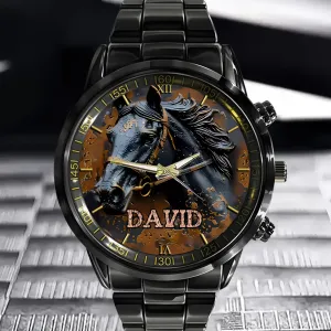 Custom Black Horse Dial Watch - Personalised Name Black BMW Image Printed Watch - Gift for Friend,Family,Dad,Horse Lover