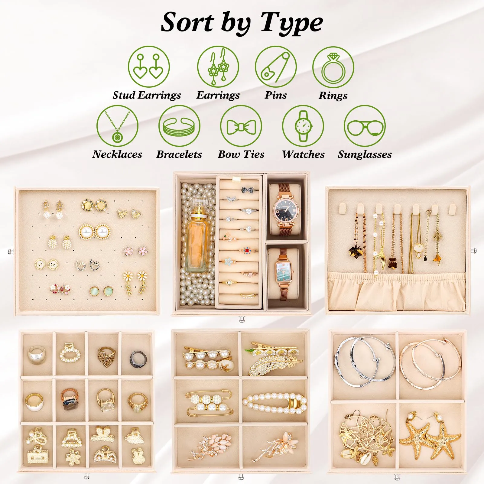 DesignSter Jewelry Organizer Box, 4 Layers Leather Jewelry Organizer, Large Jewelry Box with Visible Side Drawers, Jewelry Storage Case For Necklaces Earrings Rings Bracelets Watches (Beige)