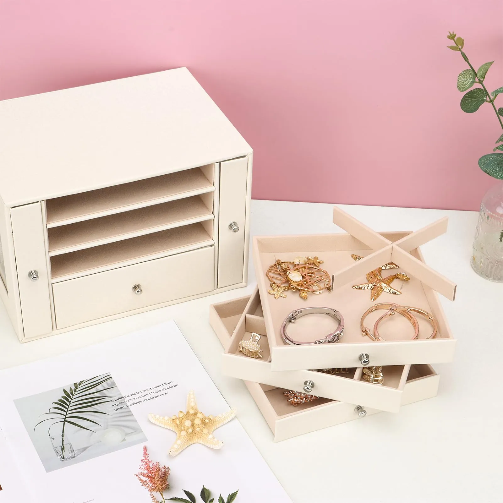 DesignSter Jewelry Organizer Box, 4 Layers Leather Jewelry Organizer, Large Jewelry Box with Visible Side Drawers, Jewelry Storage Case For Necklaces Earrings Rings Bracelets Watches (Beige)