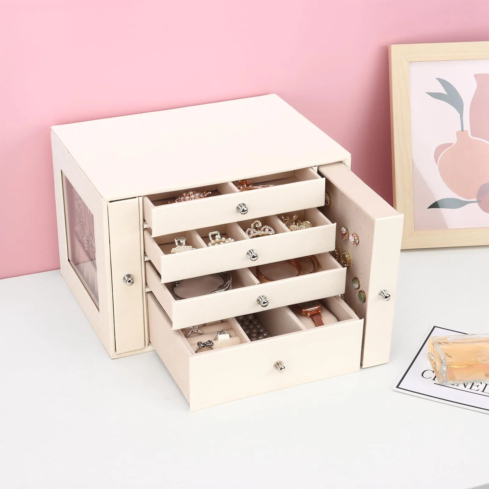 DesignSter Jewelry Organizer Box, 4 Layers Leather Jewelry Organizer, Large Jewelry Box with Visible Side Drawers, Jewelry Storage Case For Necklaces Earrings Rings Bracelets Watches (Beige)