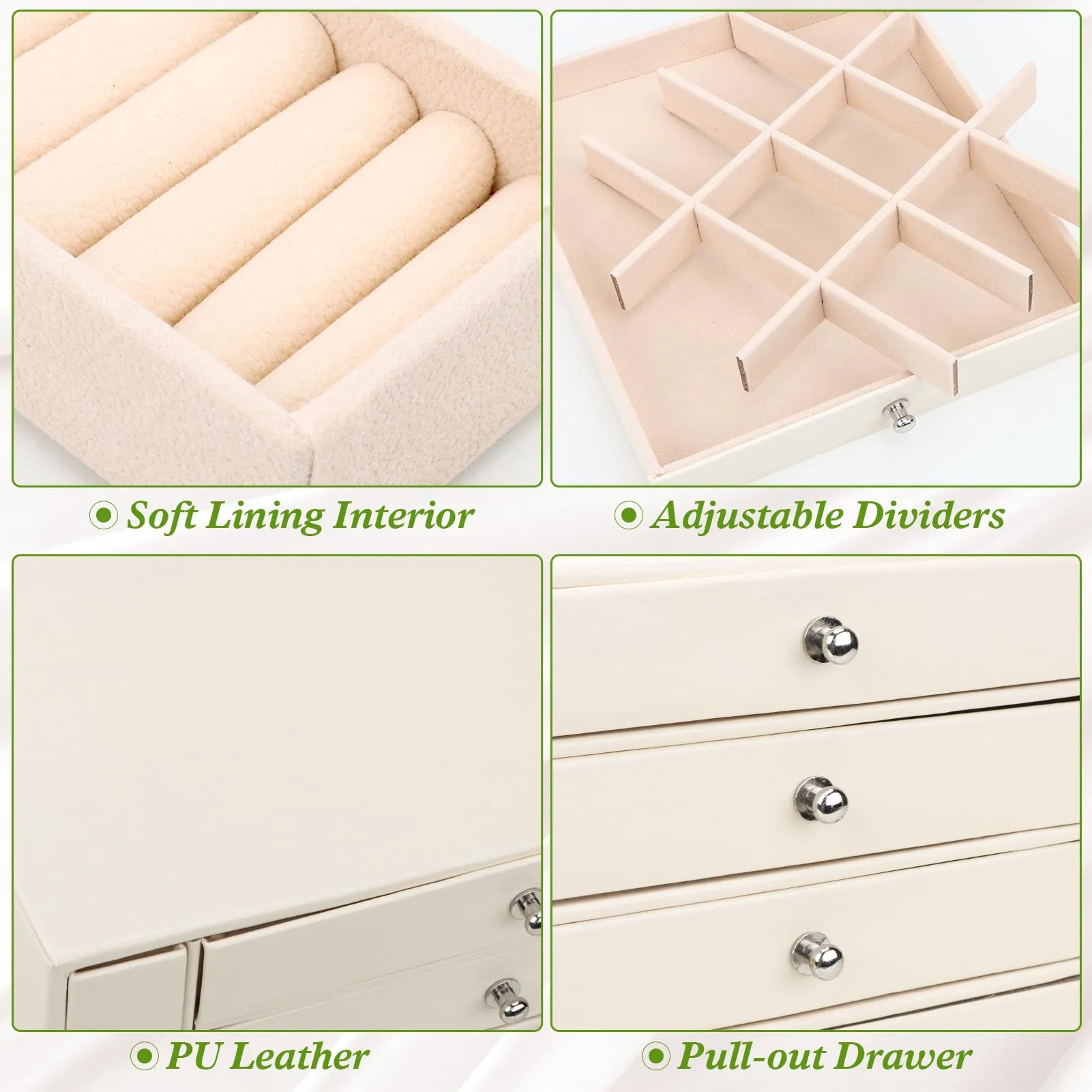 DesignSter Jewelry Organizer Box, 4 Layers Leather Jewelry Organizer, Large Jewelry Box with Visible Side Drawers, Jewelry Storage Case For Necklaces Earrings Rings Bracelets Watches (Beige)