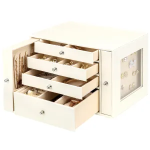 DesignSter Jewelry Organizer Box, 4 Layers Leather Jewelry Organizer, Large Jewelry Box with Visible Side Drawers, Jewelry Storage Case For Necklaces Earrings Rings Bracelets Watches (Beige)