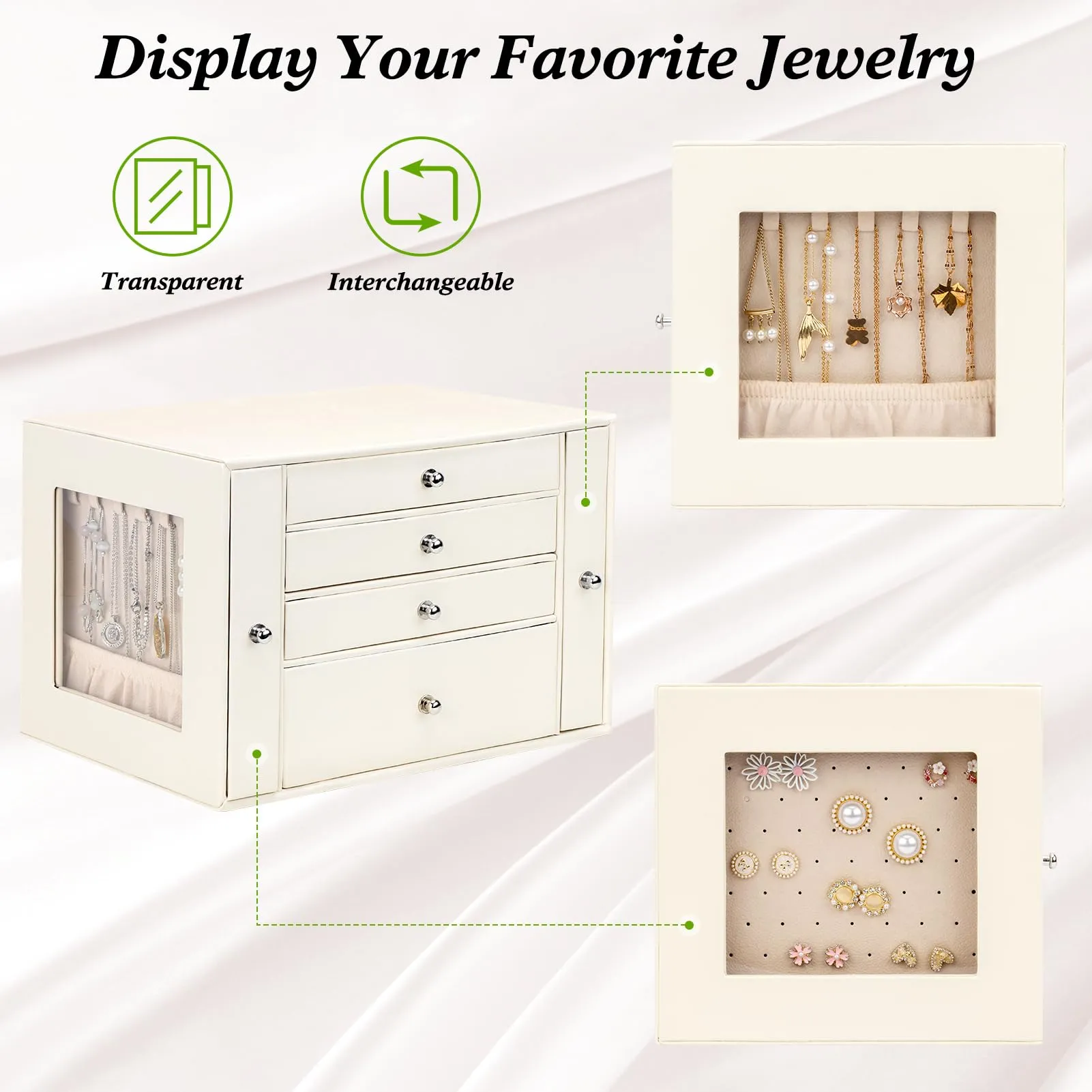 DesignSter Jewelry Organizer Box, 4 Layers Leather Jewelry Organizer, Large Jewelry Box with Visible Side Drawers, Jewelry Storage Case For Necklaces Earrings Rings Bracelets Watches (Beige)