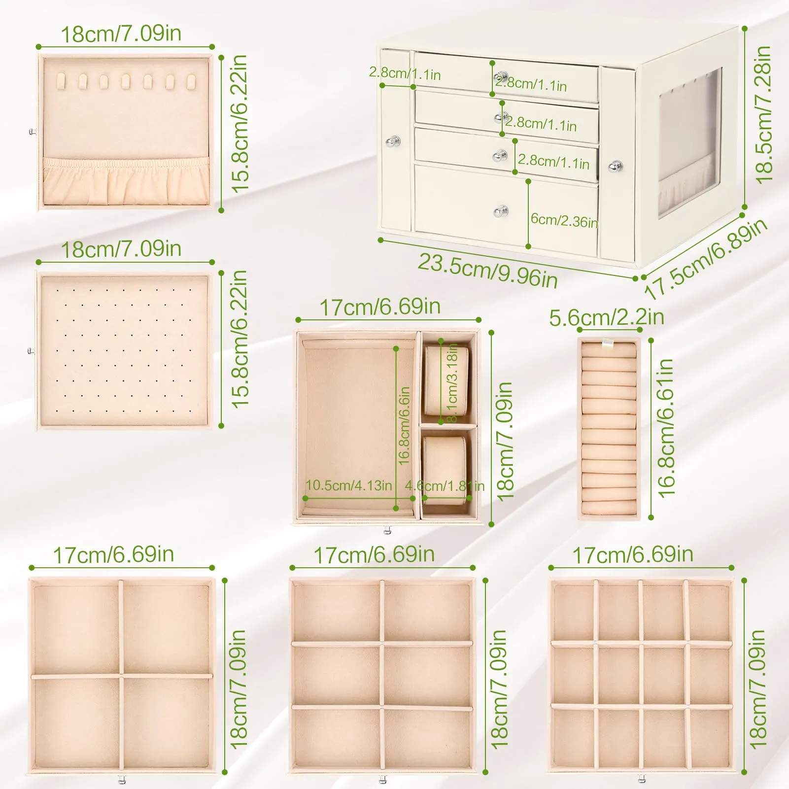 DesignSter Jewelry Organizer Box, 4 Layers Leather Jewelry Organizer, Large Jewelry Box with Visible Side Drawers, Jewelry Storage Case For Necklaces Earrings Rings Bracelets Watches (Beige)