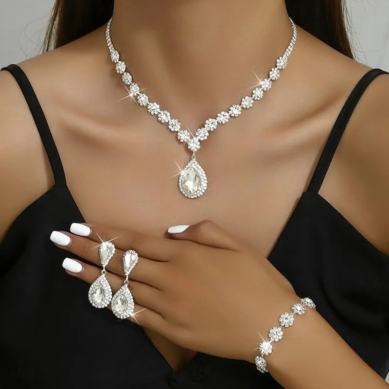 Elegant 4-Piece Rhinestone Jewelry Set for Women - Stylish Geometric Earrings, Necklace, and Bracelets for Special Occasions