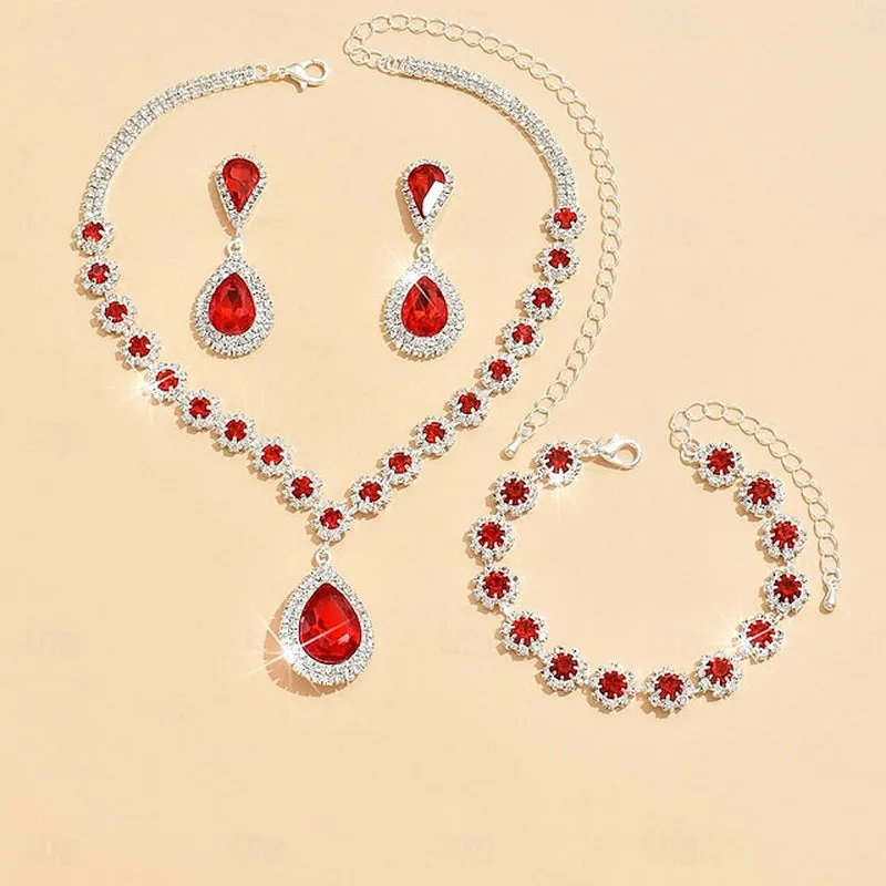 Elegant 4-Piece Rhinestone Jewelry Set for Women - Stylish Geometric Earrings, Necklace, and Bracelets for Special Occasions