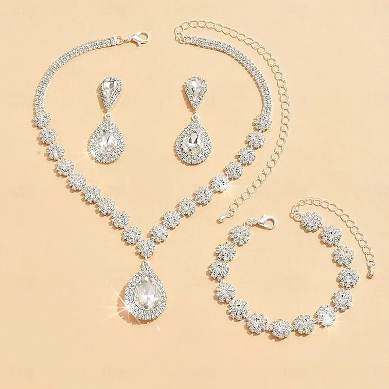 Elegant 4-Piece Rhinestone Jewelry Set for Women - Stylish Geometric Earrings, Necklace, and Bracelets for Special Occasions