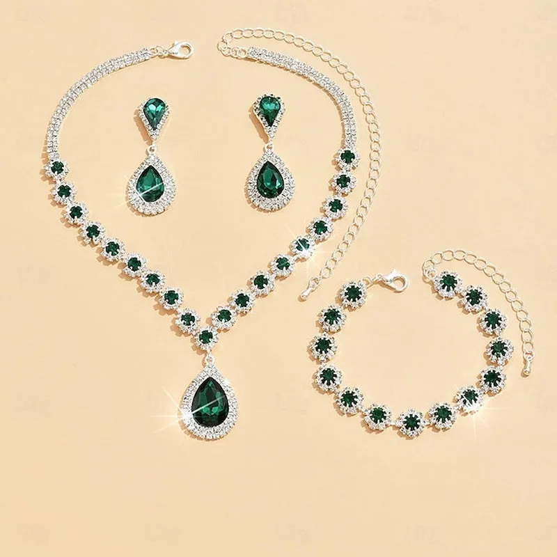 Elegant 4-Piece Rhinestone Jewelry Set for Women - Stylish Geometric Earrings, Necklace, and Bracelets for Special Occasions