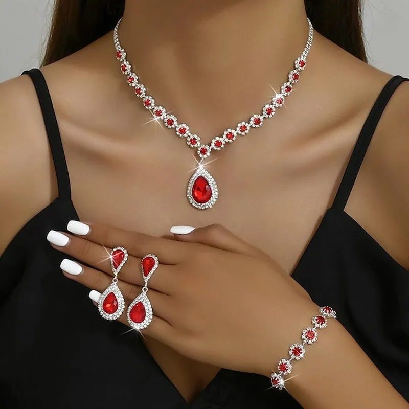 Elegant 4-Piece Rhinestone Jewelry Set for Women - Stylish Geometric Earrings, Necklace, and Bracelets for Special Occasions