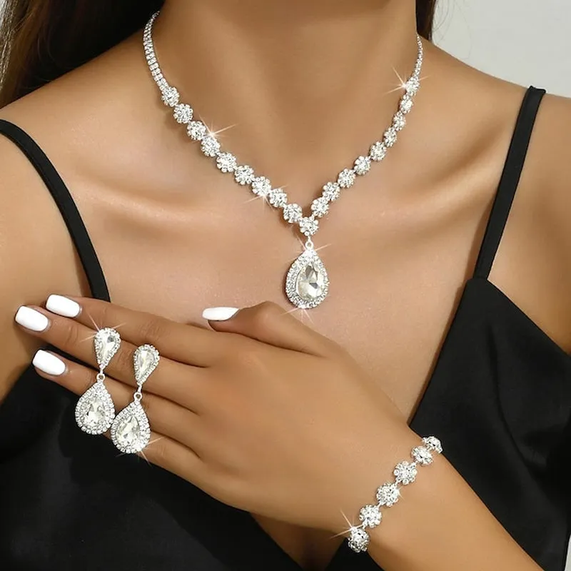 Elegant 4-Piece Rhinestone Jewelry Set for Women - Stylish Geometric Earrings, Necklace, and Bracelets for Special Occasions
