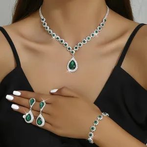 Elegant 4-Piece Rhinestone Jewelry Set for Women - Stylish Geometric Earrings, Necklace, and Bracelets for Special Occasions