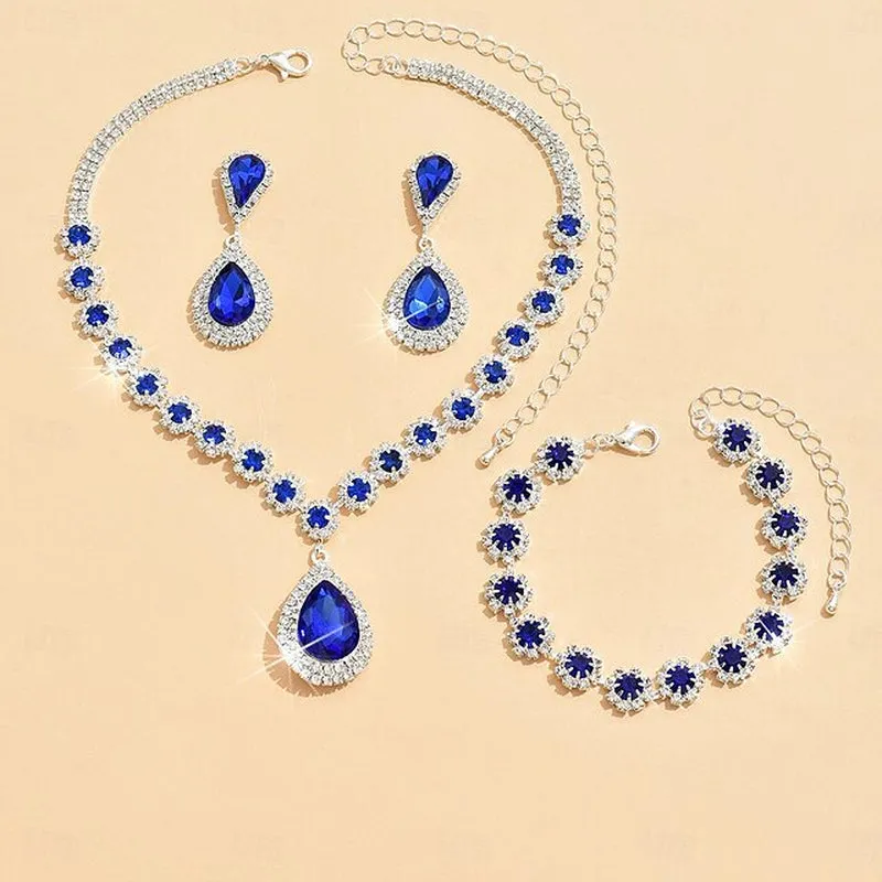 Elegant 4-Piece Rhinestone Jewelry Set for Women - Stylish Geometric Earrings, Necklace, and Bracelets for Special Occasions