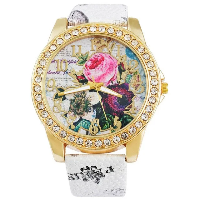 Flower Rhinestone Luxury Wristwatches for Women