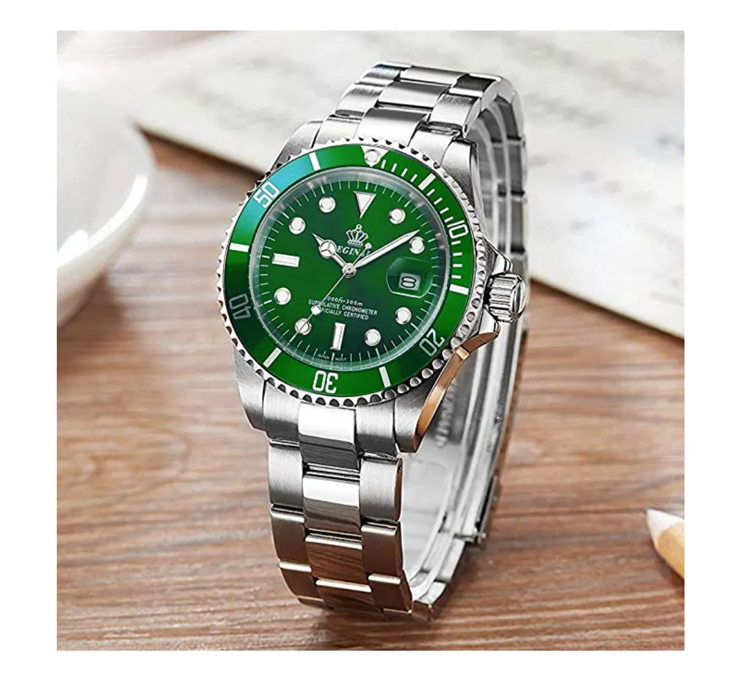 Green Stainless Steel Sports Watch Silver Dress Watch Luxury Business Watch Quartz Submariner