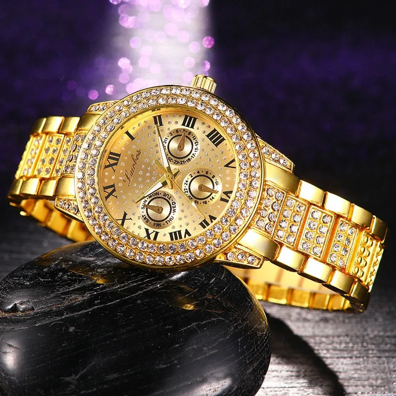 Hip Hop Gold Silver Quartz Watch For Men andWomen Bling Iced Out Diamonds