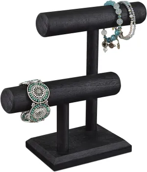 Ikee Design 2 Tier Wooden Jewelry Bracelet Watch Display Tower, Bangle Scrunchie Necklace Holder Storage Stand, 7.9 W x 4.3 D x 9.4 H in, Black Color