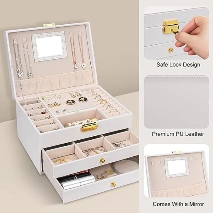 Jewelry box with 3 levels, 2 drawers jewelry box PU leather jewelry storage, jewelry organizer for rings, earrings, necklaces and watches