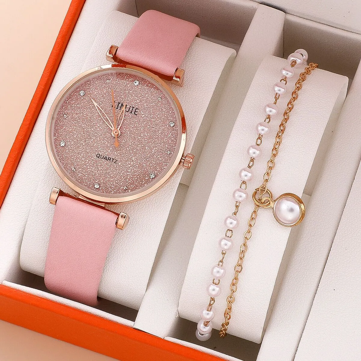 Ladies Watch Set Fashion Starry Dial Bracelet Women&#39;s Leather Strap Quartz Girl&#39;s WristWatch（No Box）