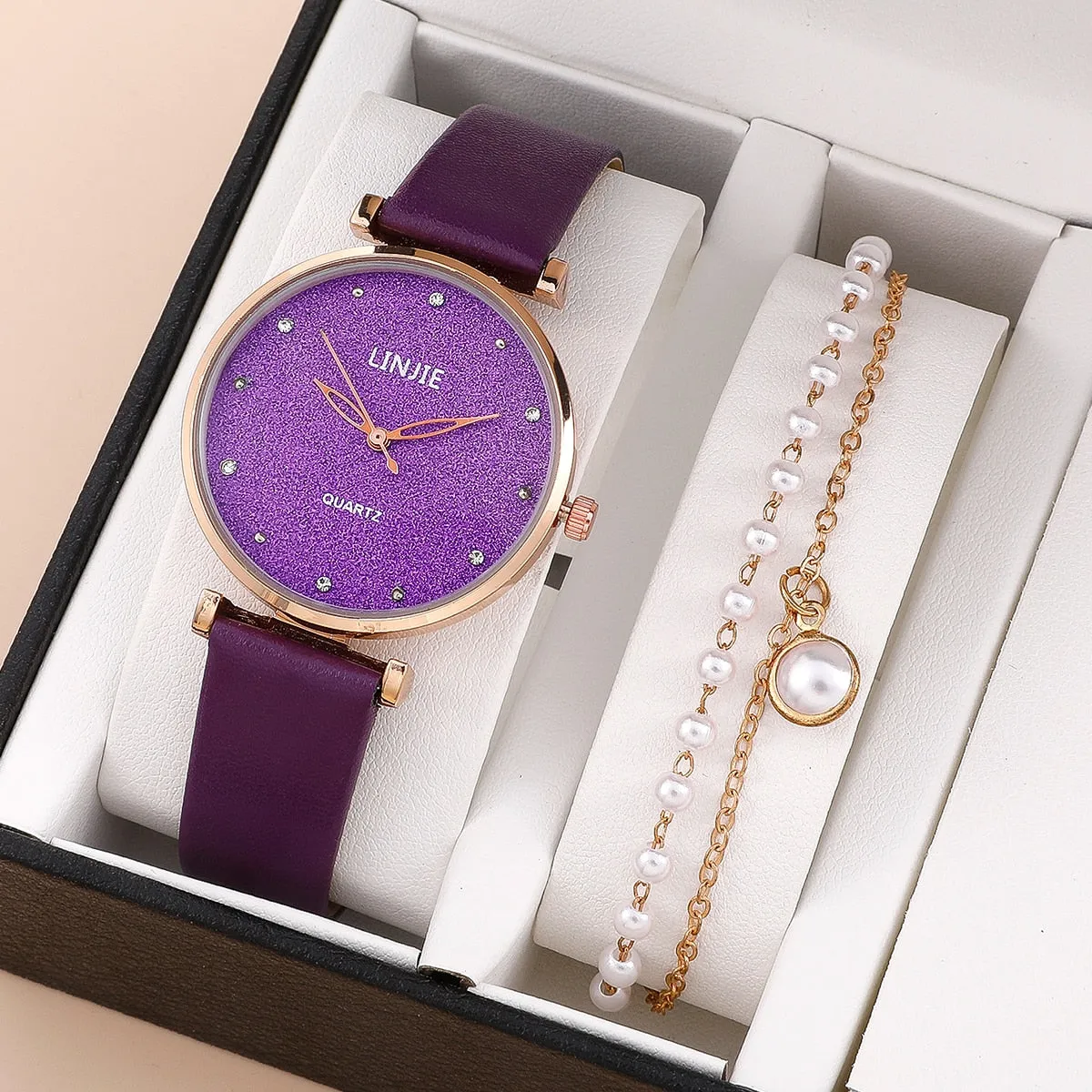 Ladies Watch Set Fashion Starry Dial Bracelet Women&#39;s Leather Strap Quartz Girl&#39;s WristWatch（No Box）