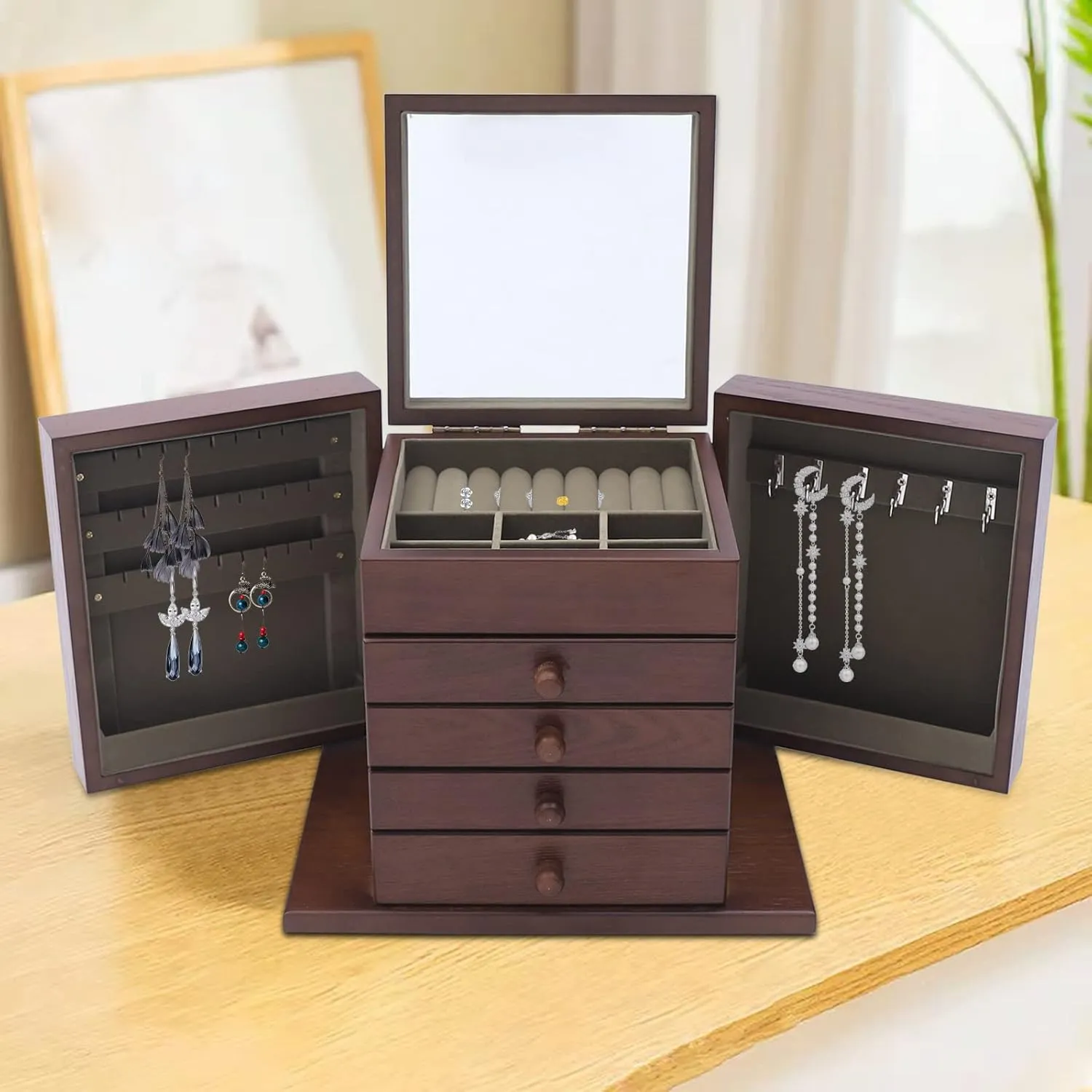 Large Wooden Jewelry Box 5 Layers Jewelry Storage with Mirror and 4 Drawers Gift for Women and Girls Necklace Ring Storage Box (Coffee Carving)