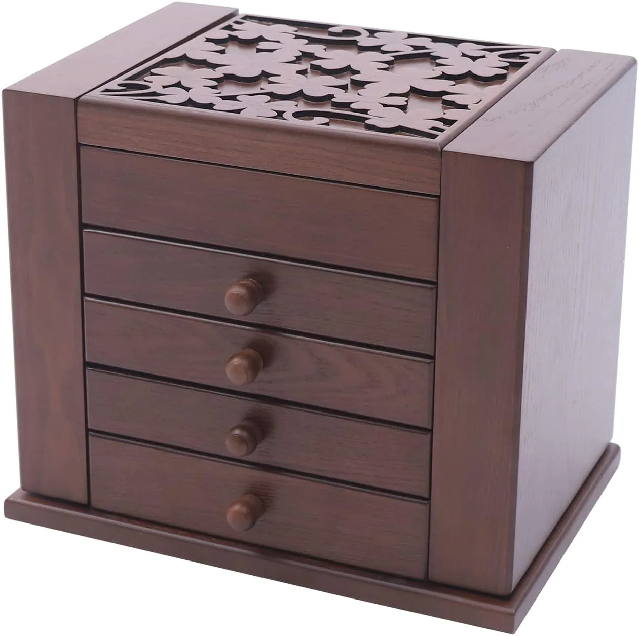 Large Wooden Jewelry Box 5 Layers Jewelry Storage with Mirror and 4 Drawers Gift for Women and Girls Necklace Ring Storage Box (Coffee Carving)