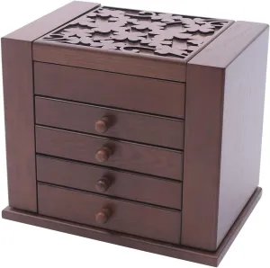 Large Wooden Jewelry Box 5 Layers Jewelry Storage with Mirror and 4 Drawers Gift for Women and Girls Necklace Ring Storage Box (Coffee Carving)