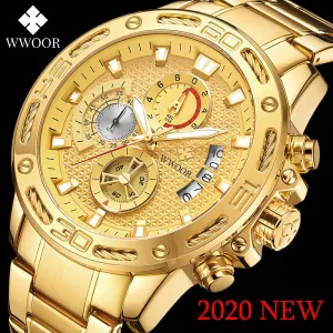 Luxury Gold on Stainless Steel Quartz Watch Men Waterproof Sport Chronograph