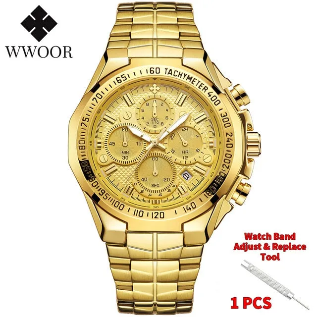 Luxury Gold on Stainless Steel Quartz Watch Men Waterproof Sport Chronograph