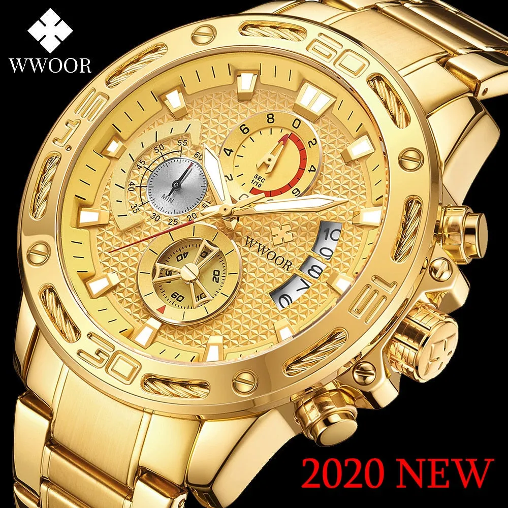 Luxury Gold on Stainless Steel Quartz Watch Men Waterproof Sport Chronograph